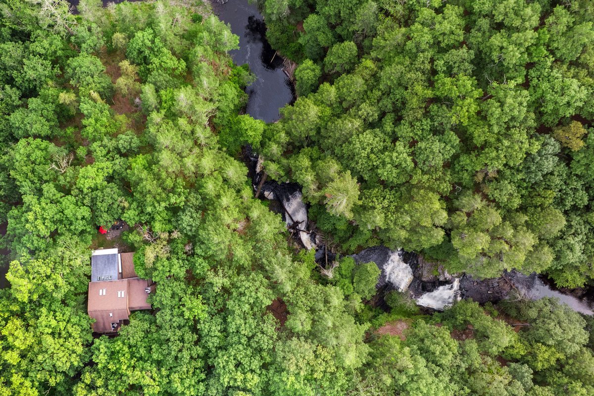 Aerial view of Waterfall Wonder beside forest, creek, and waterfall.